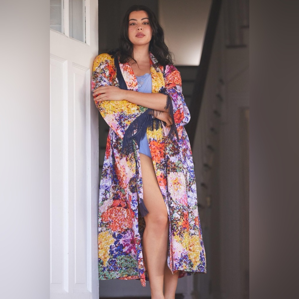 New Kirstin Lamb x Anthropologie Painterly Fringed Kimono Robe sz S/Small